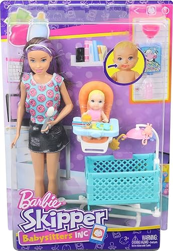 Miniatura 6 de Barbie Juguetes juego de silla alta y cuna con muñeca Skipper muñeca de bebé que cambia de color muebles y accesorios juego Babysitters Inc