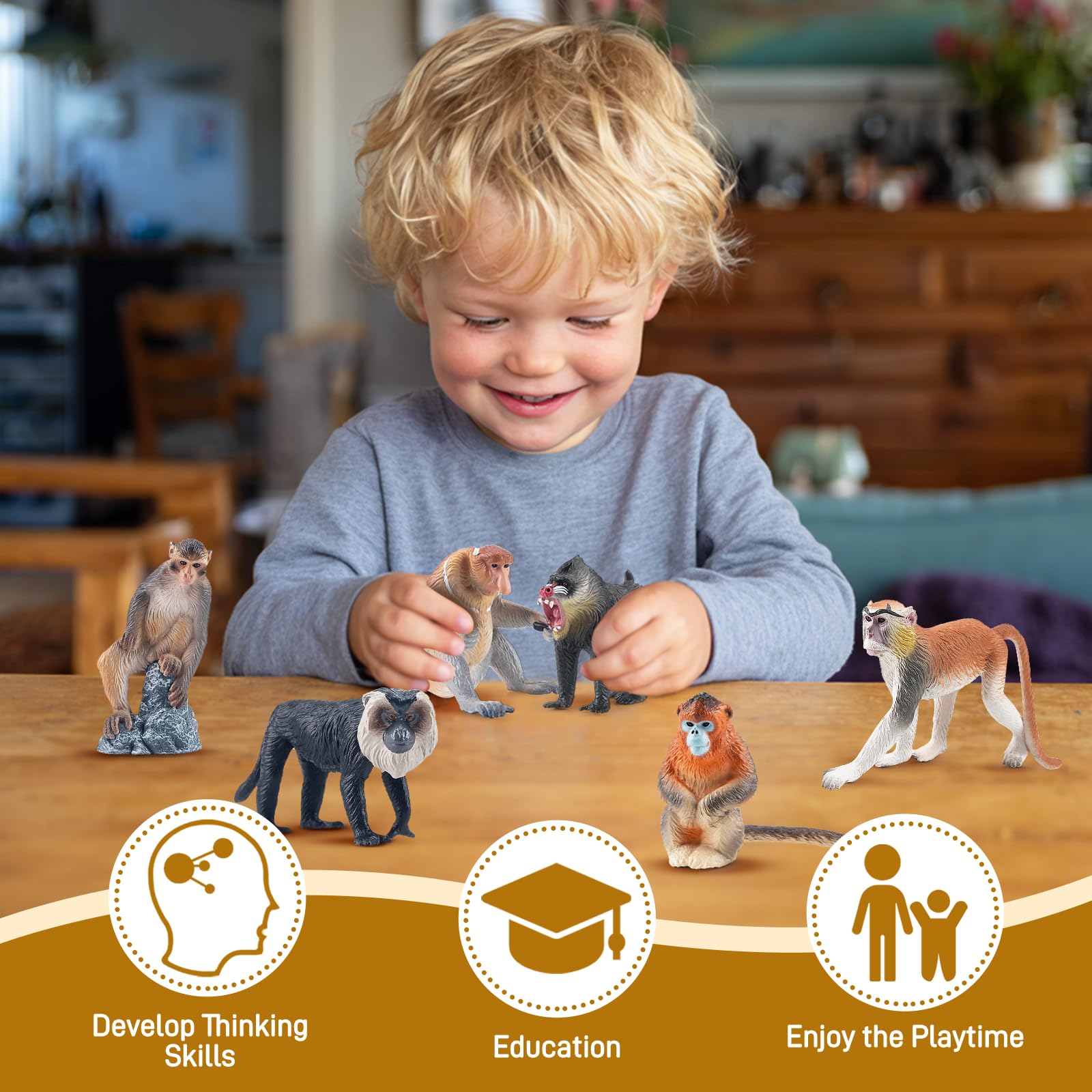 TOYMANY 15 sztuk małp - figurki zwierząt i drzewa, realistyczne figurki orangutanów, zwierząt z dżungli, w tym goryla, szympansów, zabawek edukacyjnych, prezent urodzinowy dla dzieci