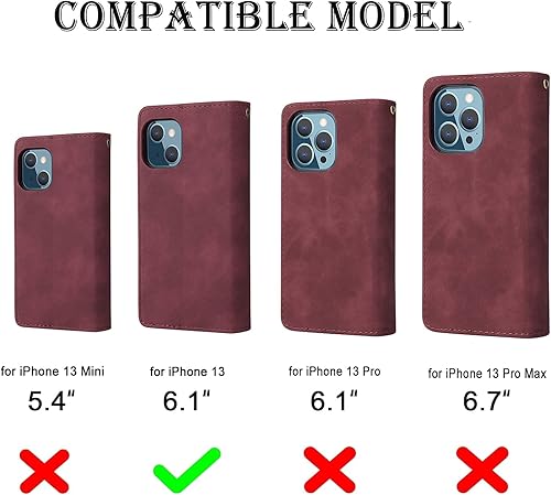 Miniatura 6 de RANYOK Funda tipo cartera compatible con iPhone 13 (6.1 pulgadas), piel sintética de alta calidad, con cremallera, cartera con cierre RFID, con