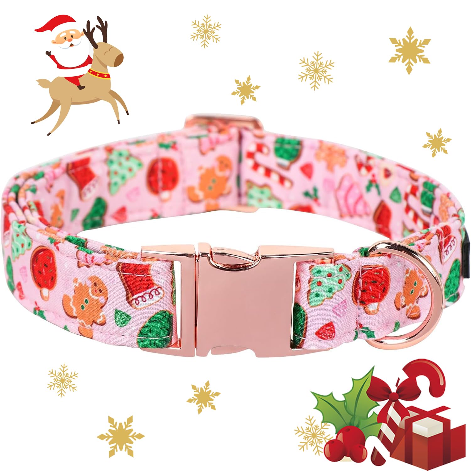 Maca Bates Christmas Pink Basic Dog Collar for Small Girl Boy Dogs,Cute Gingerbread Candy Cane Christmas Tree Pattern, Soft Adjustable Durable Collars
