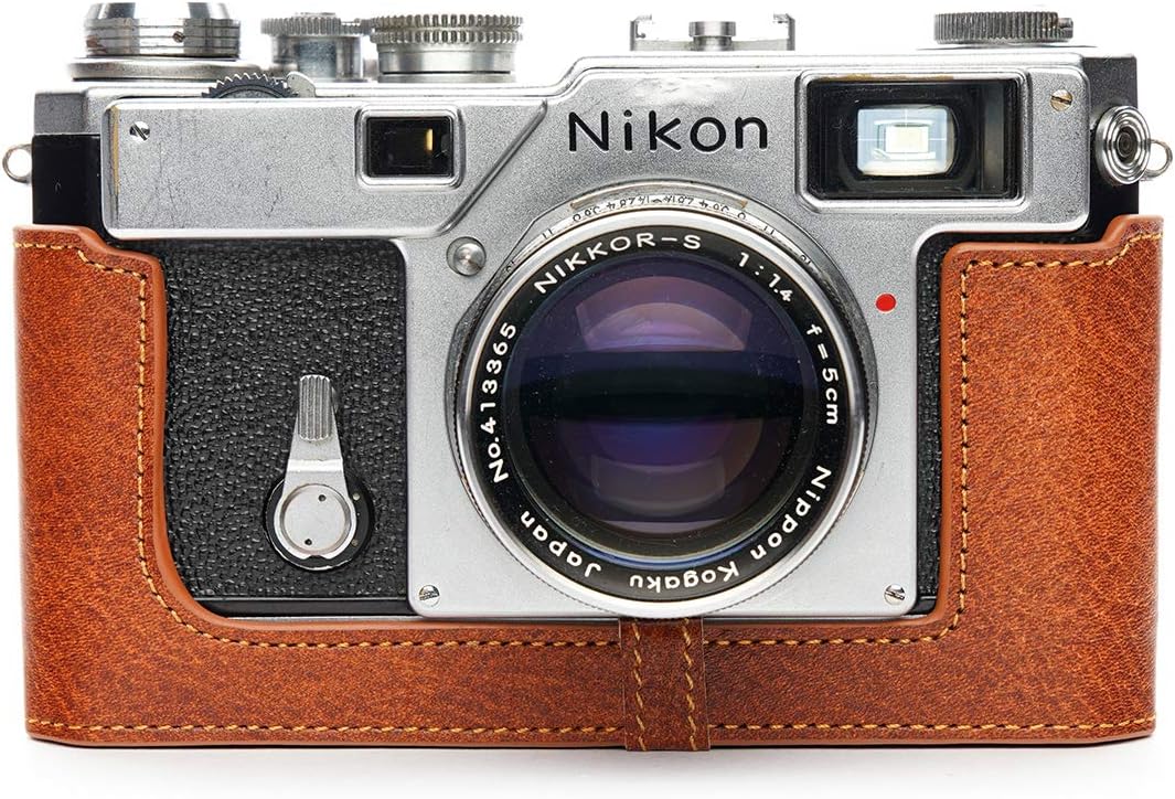 S2 Film Camera Case, BolinUS Handmade Genuine Real Leather Half Camera Case Bag Cover for Nikon S2 Film Camera with Hand Strap (LavaBrown)