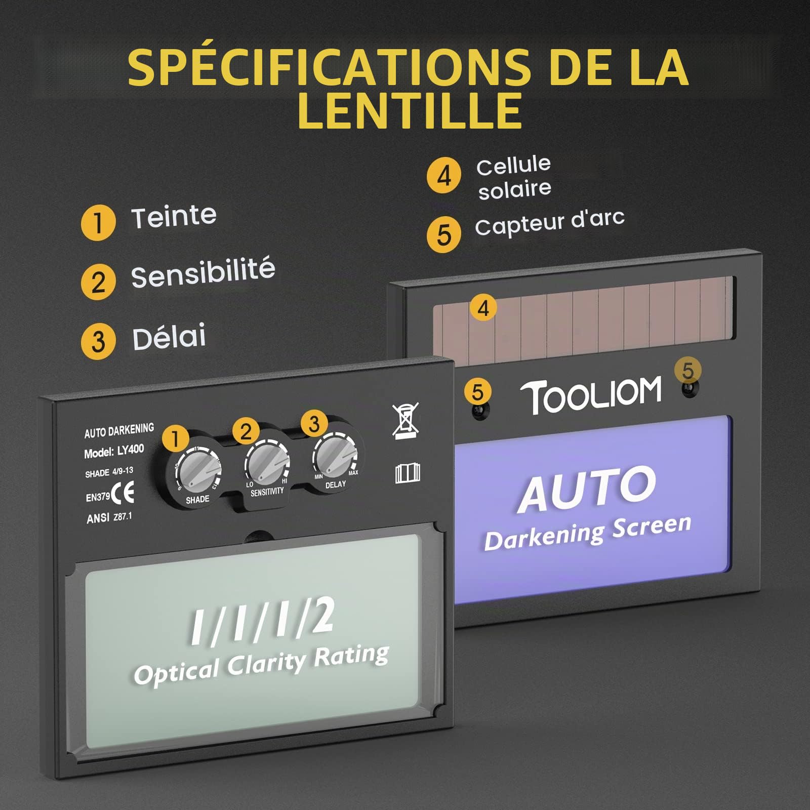 TOOLIOM Casque de soudage Rabattable 92,5 x 42,5mm Pouces Masque de soudage à clapet à assombrissement Automatique True Color Lift Capot de soudage Avant