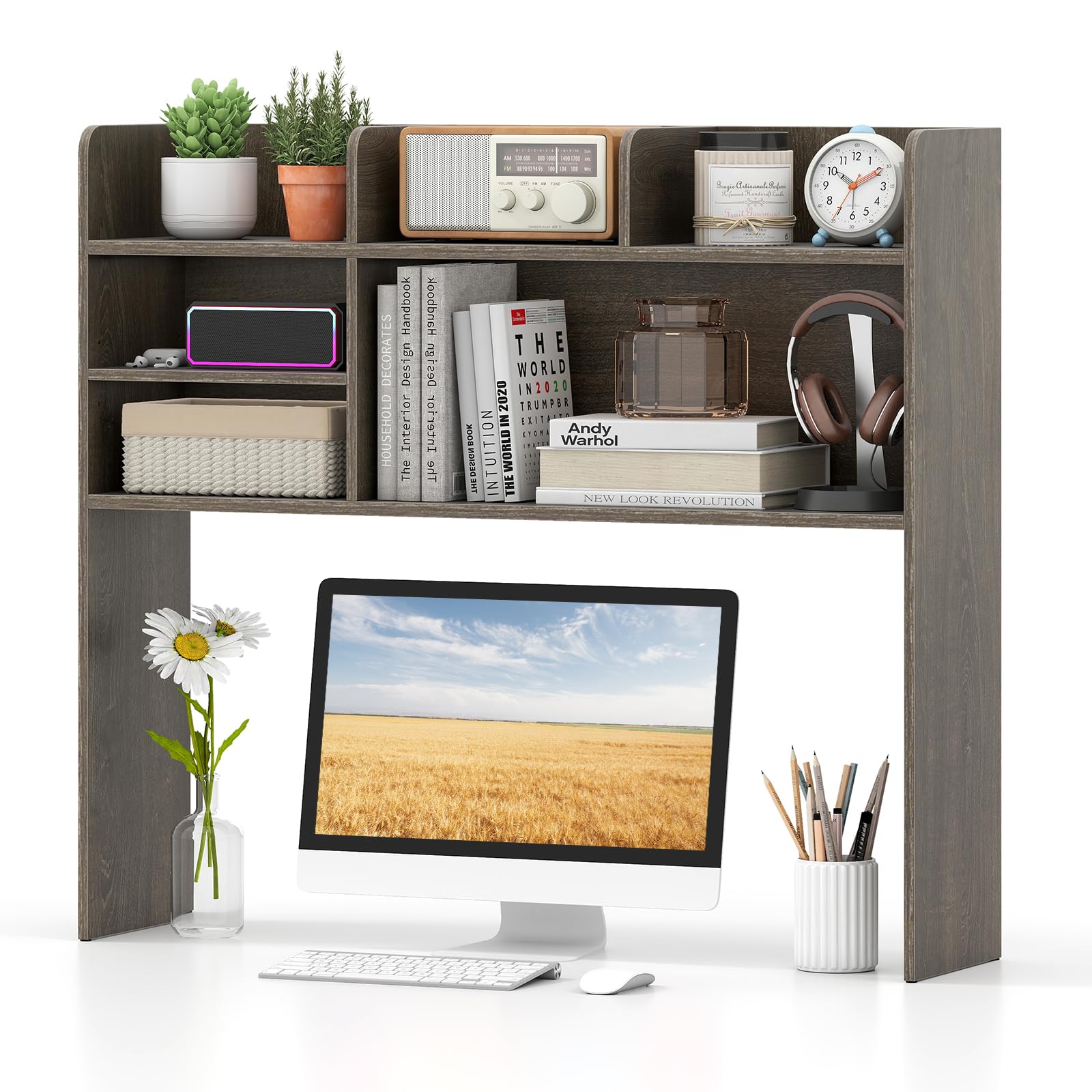 Tangkula Desktop Bookshelf for Computer Up to 32”, 37” Countertop Storage Hutch with 6 Storage Shelves, 3-Tier Desktop Organizer Display Rack, Wooden Desk Hutch for Dorm Home Office (Grey,6 Shelves)