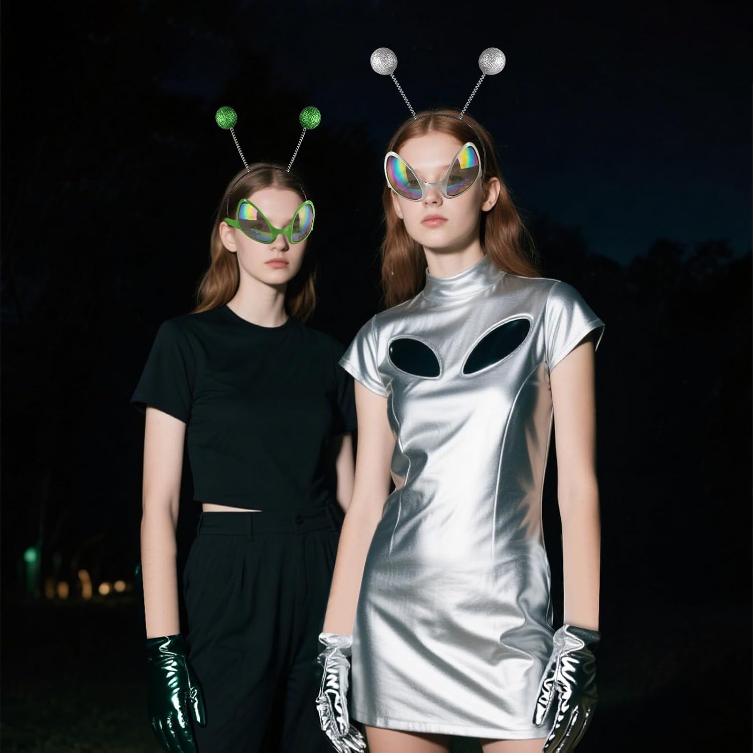 Alien Costume Accessories for Women 2 Pack, Green & Silver Alien Headband Glasses and Metallic Gloves Set for Halloween Cosplay Party