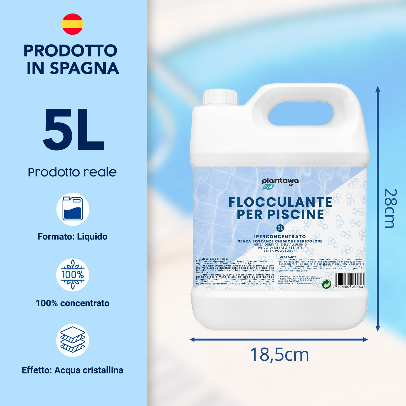 PLANTAWA Flocculante per Piscina 5L | Chiarificatore Acqua Torbida Super Concentrato | Schiarente per Piscina Compatibile con Ogni Trattamento | Sicuro e Senza Sostanze Aggressive