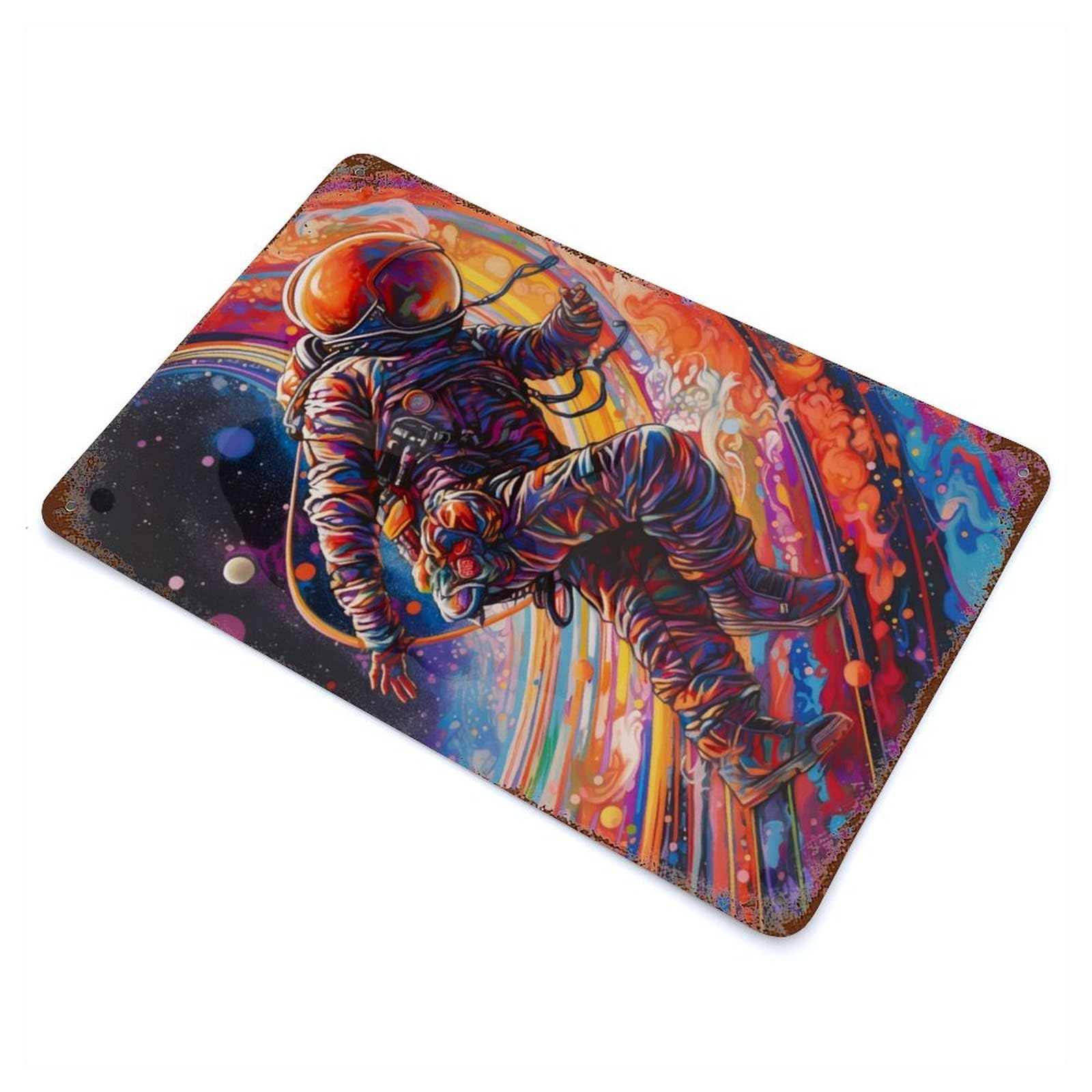 Abstract Astronaut Vintage Wall Sign 11.8"x7.9", Rust Effect Metal Decor for Basement, Hobby Room And Garage Decor
