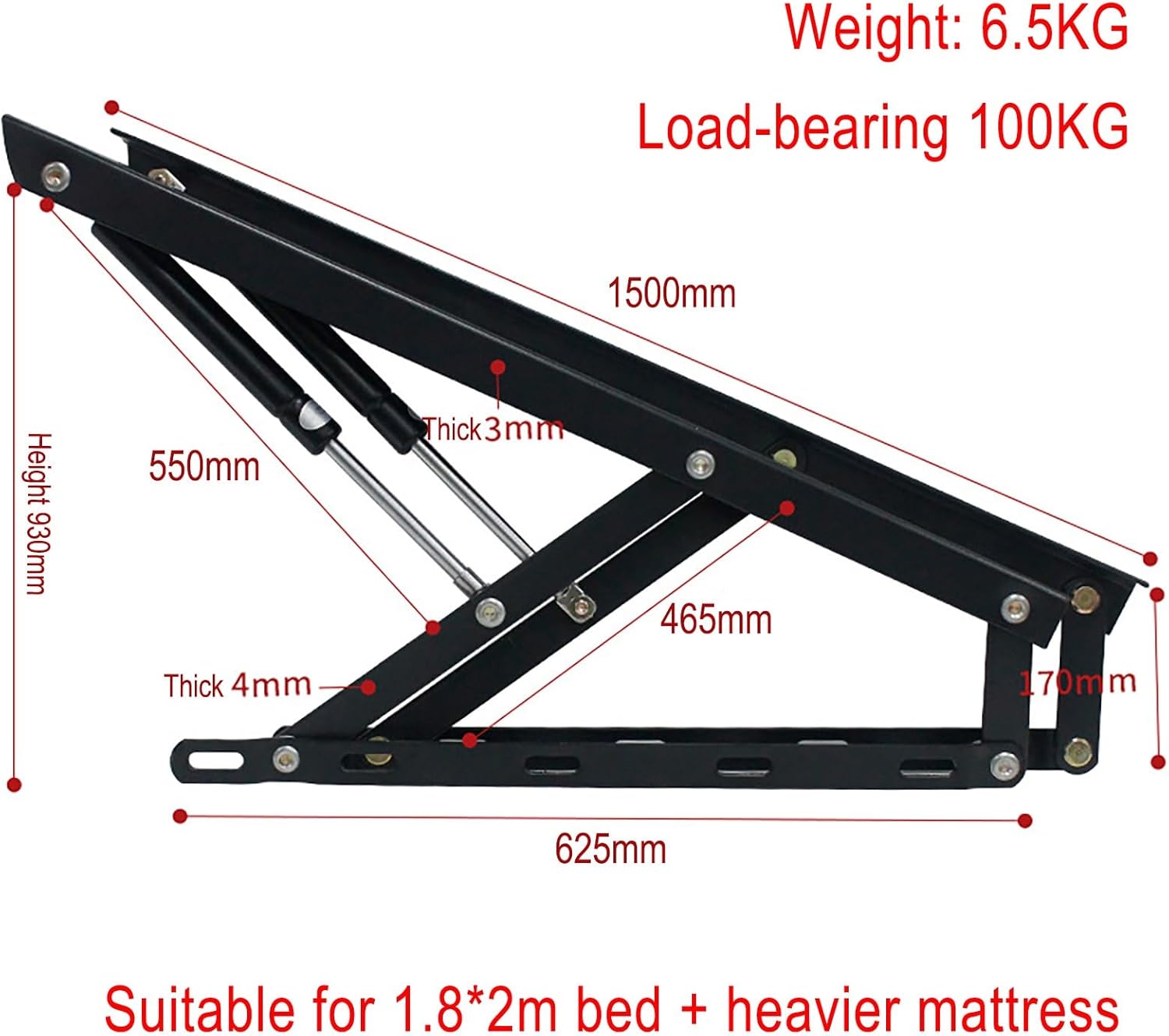 Springs Furniture Hinge,Spring Hinges, Hydraulic Bed Lift Mechanism 610/750/900/1100/1200/1500mm Heavy Duty Bed Box Gas Spring Hinges,Lift Up Storage Bed Frame Hinge Set,
