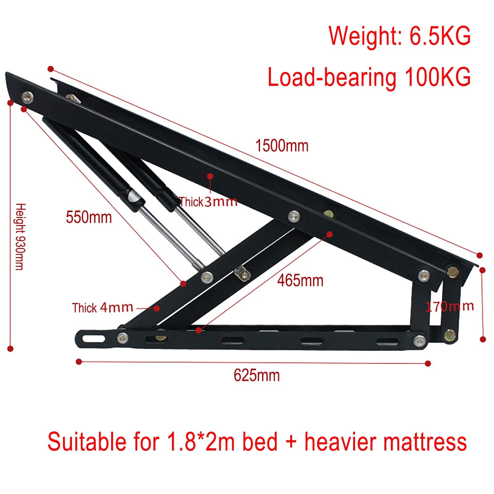 Amortiguadores hidráulicos para Puertas de Armario 2 Piezas de Marco Cama Doble con elevación hidráulica, bisagras Resorte Plegables, Mecanismo Almacenamiento neumático(150cm/5FT)