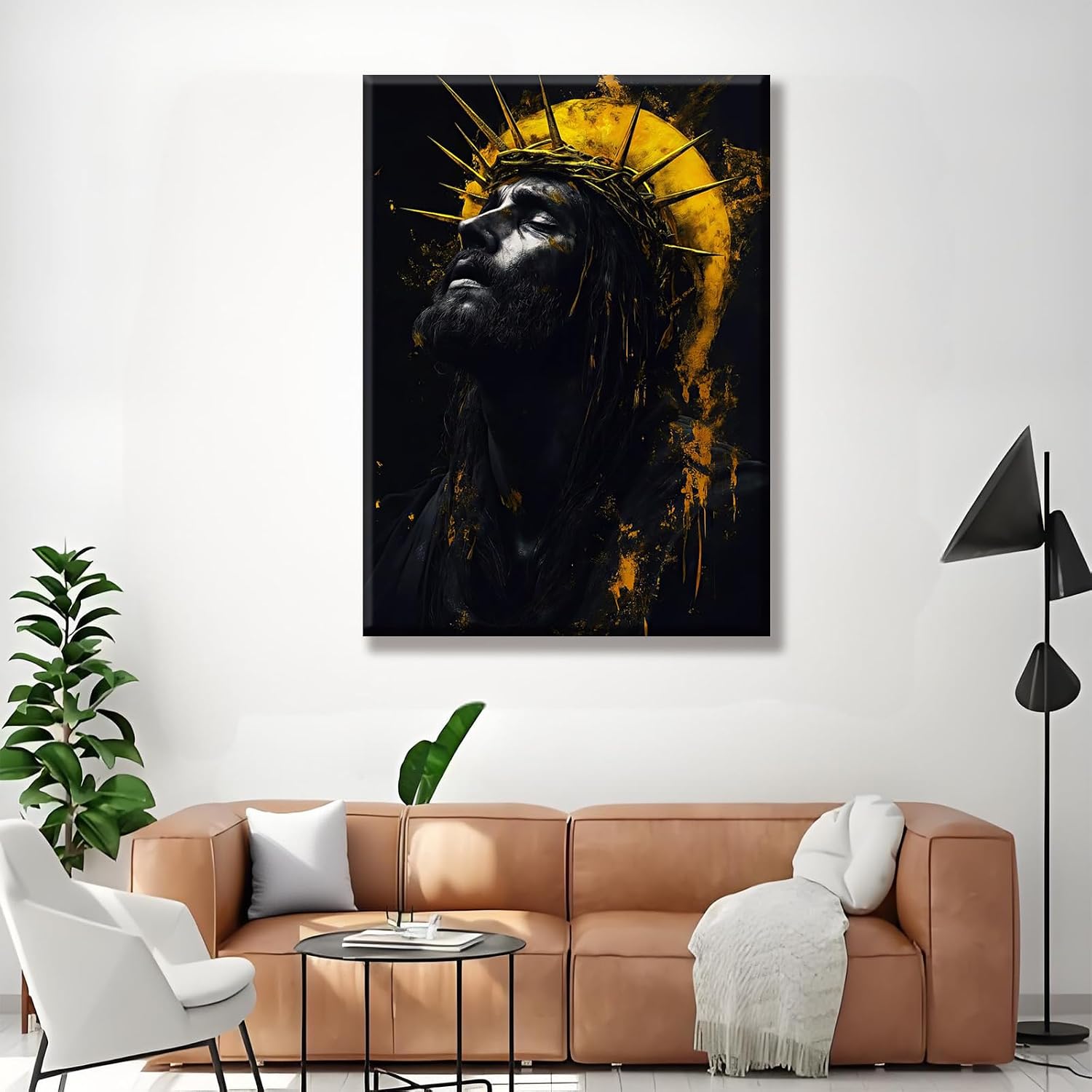 Framed Black Jesus Canvas Wall Art Crown of Thorns Religious Pictures Modern Christian Poster Print Gold Black Inspirational Painting for Home Church or Office Décor 24x36in
