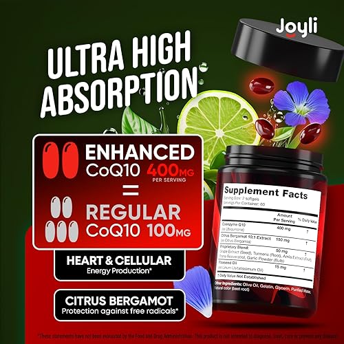 Miniatura 9 de JOYLI CoQ10 500 mg - Potente suplemento de coenzima Q10 para vitalidad celular y antioxidantes - Enriquecido con bergamota cítrica y manjistha - 120