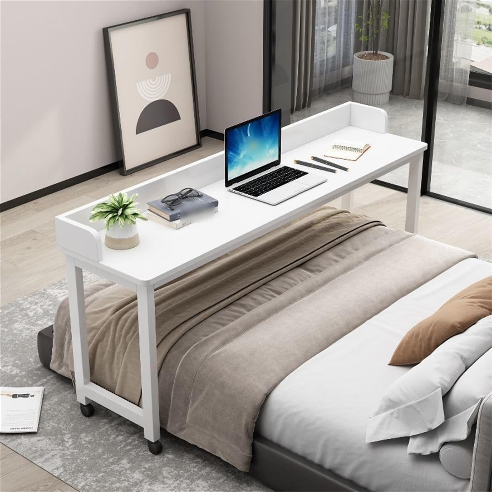 HAJHI Hospital Bed Table Rolling for Breakfast Studying Bedside Table with Wheels Leisure Day Overbed Table for Computer Games(120 * 40 * 80cm,White - B)