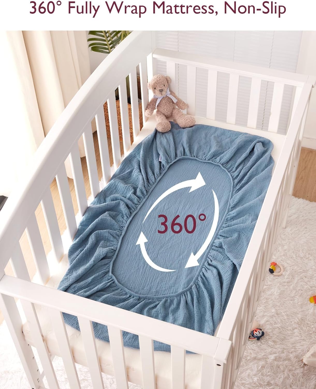 Momcozy Muslin Standard Fitted Crib Sheets, 52"x28", 2 Pack Soft Breathable Natural Cotton Baby Mattress Sheet, 360° Mattress Wrapping No Slip Boys Girls Neutral Toddler Bed Sheet, Grey Blue