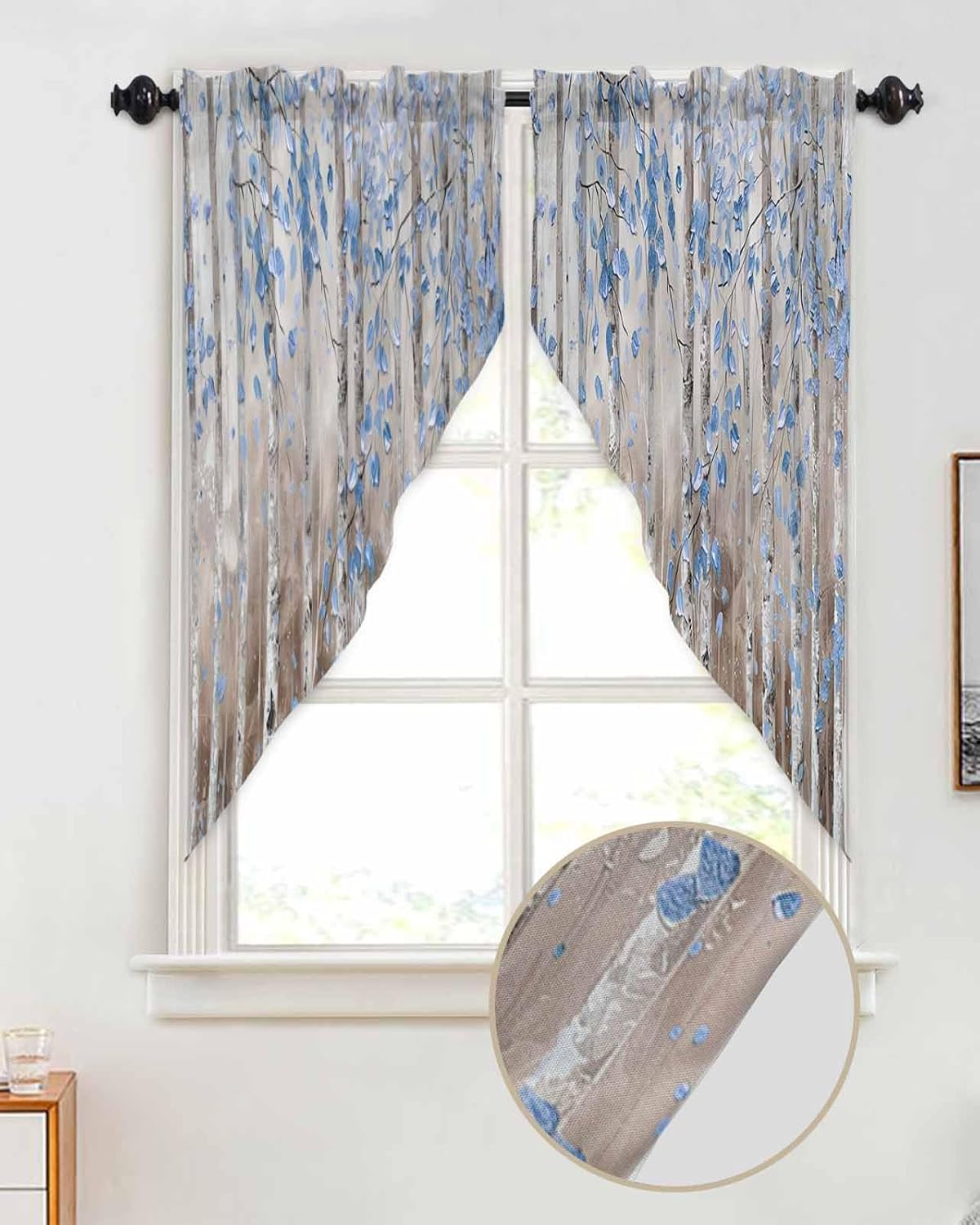 Curtain Swag Valance for Kitchen, Nostalgic Blue Leaf Forest Oil Painting Art Printing Window Treatment Rod Pocket Balloon Curtains Tier for Bathroom Farmhouses Bedroom Decor 28"x36"x2