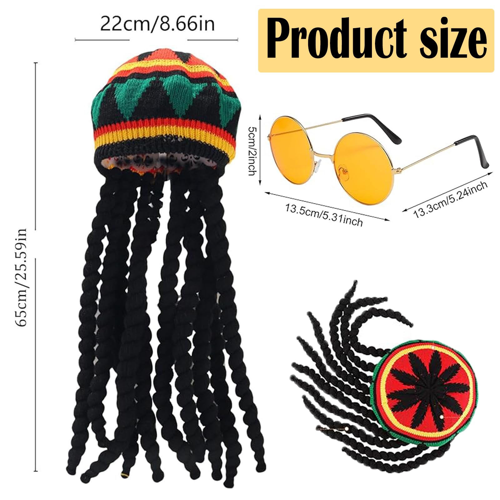 XZSKD Rasta Hat, Rasta Hat With Yellow Glasses, Long Braided Hat, Black Braided Wig Cap, Jamaican Dreadlocks Wig, Caribbean Fancy Dress Costume For Parties, Cosplay, Masquerade - Image 2