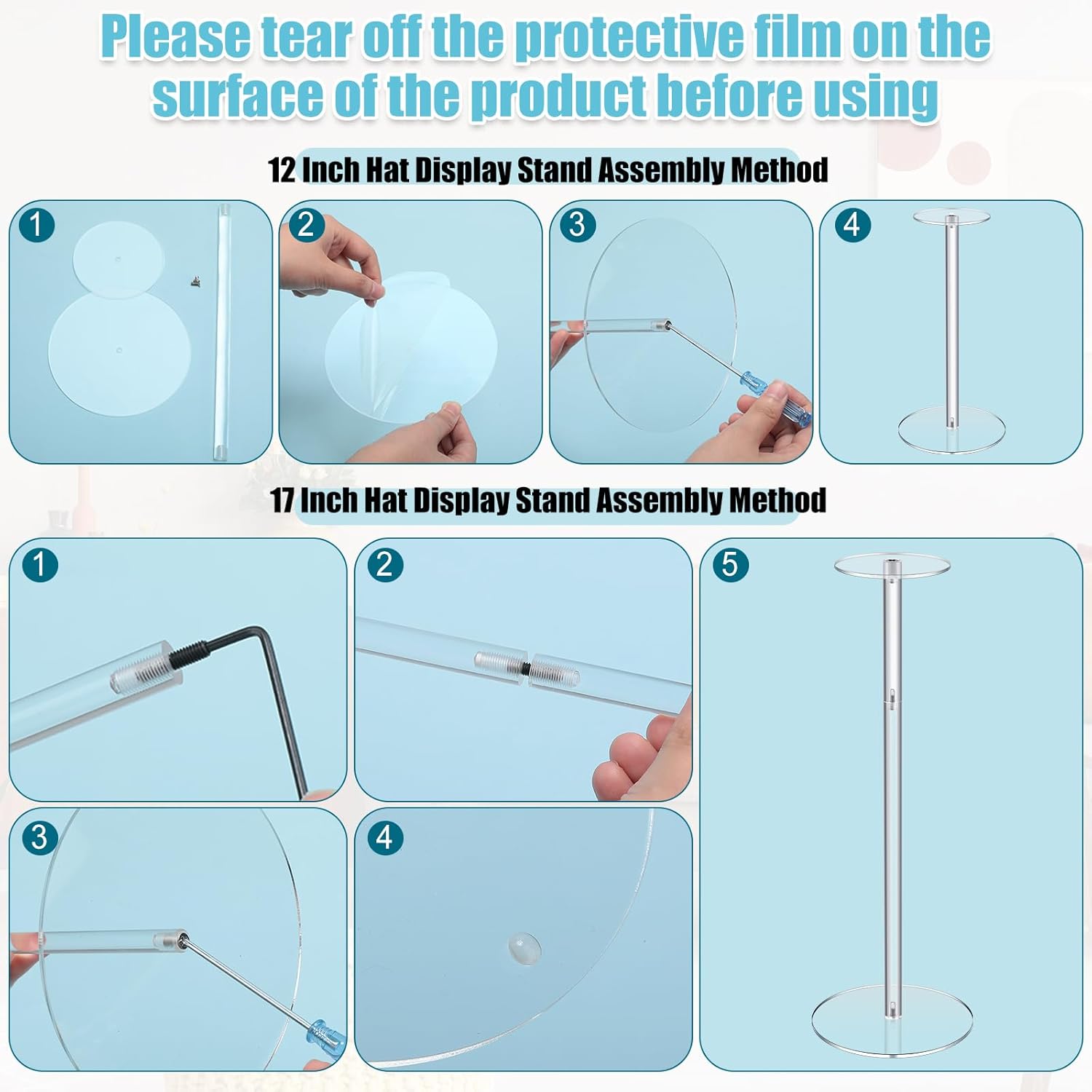 16 Pcs Acrylic Hat Stand 12" to 17" Adjustable Clear Wig Display Rack Nonslip Round Barbell Base Hat Rack Decorative Hat Holder Wig Stand Holder for Hats Watch Jewelry Storage Table (Thicker)