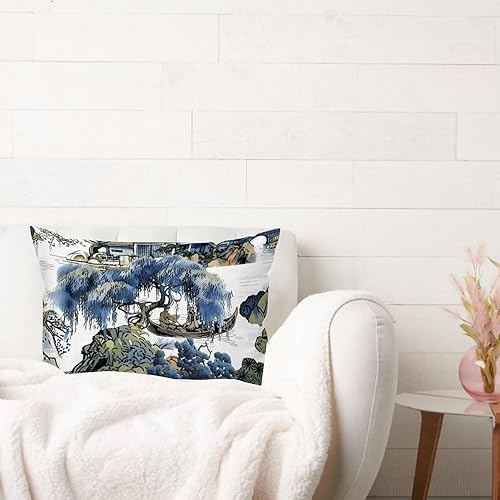 Vista 294 de ArogGeld Chinoiserie - Fundas de almohada escénicas asiáticas, estilo asiático, funda de almohada azul y verde Kelly, funda de cojín para decoración