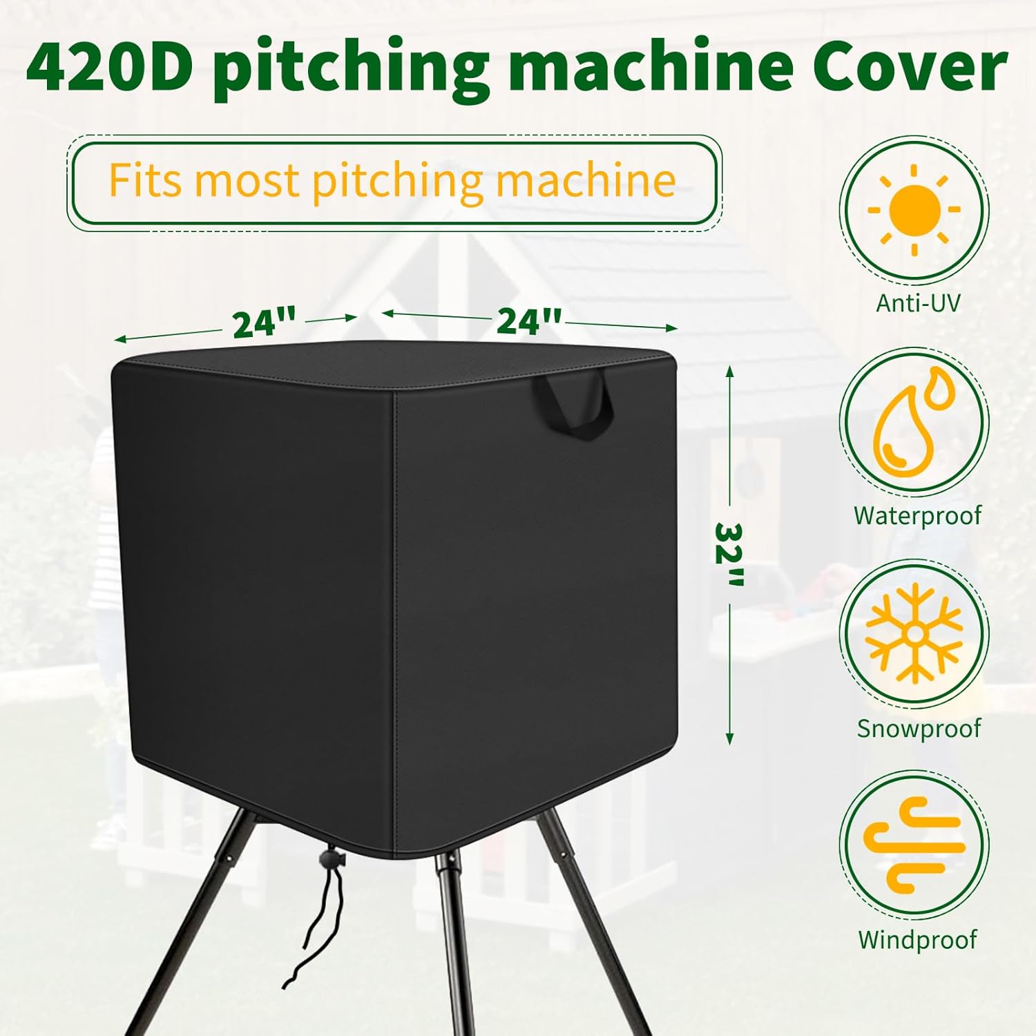 Pitching Machine Cover, Waterproof 420D Oxford Outdoor Softball Baseball Pitching Machine Dust Covers Compatible with 24" L x 24" W x 32" H (Only Cover) - Image 2