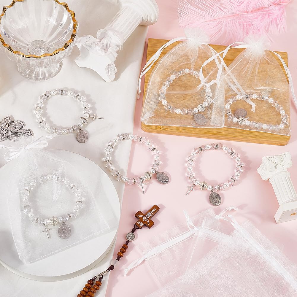 PH PandaHall 12 Sets Rosary Bracelet Bulk with Mesh Bags, 8mm Clear Beaded Stretch Bracelet Baptism Favor Bracelets with Cross Oval Charm for Baptism Funeral Favor Communion Decorations Easter Gifts