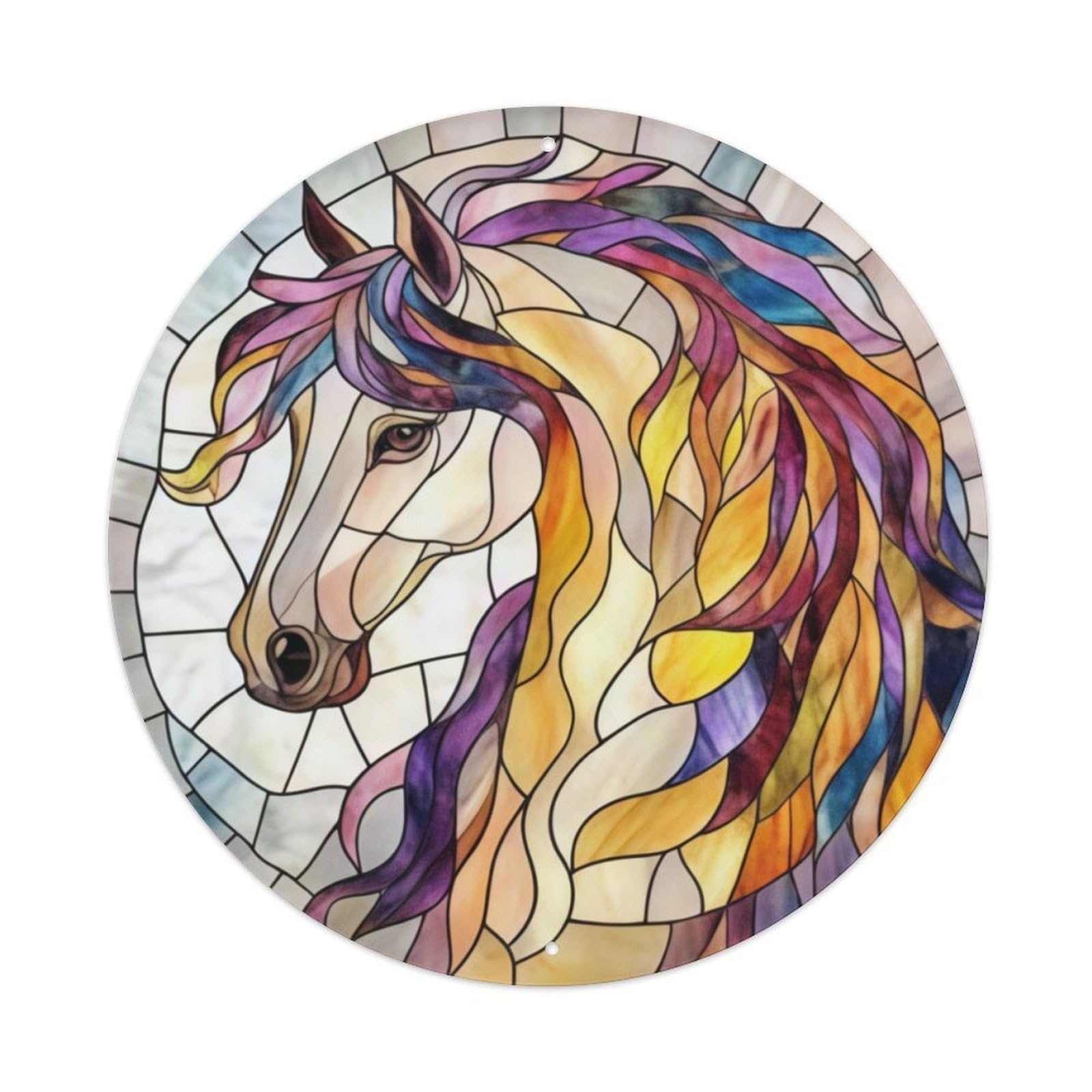 Stained Glass Style Horse Round Decor Sign Vintage Aluminium Metal Sign, Retro Wall Decor for Home, Bar, Garage & Farmhouse 20x20cm
