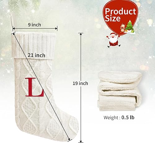 Miniatura 6 de Yoochee Medias de Navidad de punto de 21 pulgadas con iniciales, medias de Navidad grandes bordadas con monograma blanco personalizado con letra,