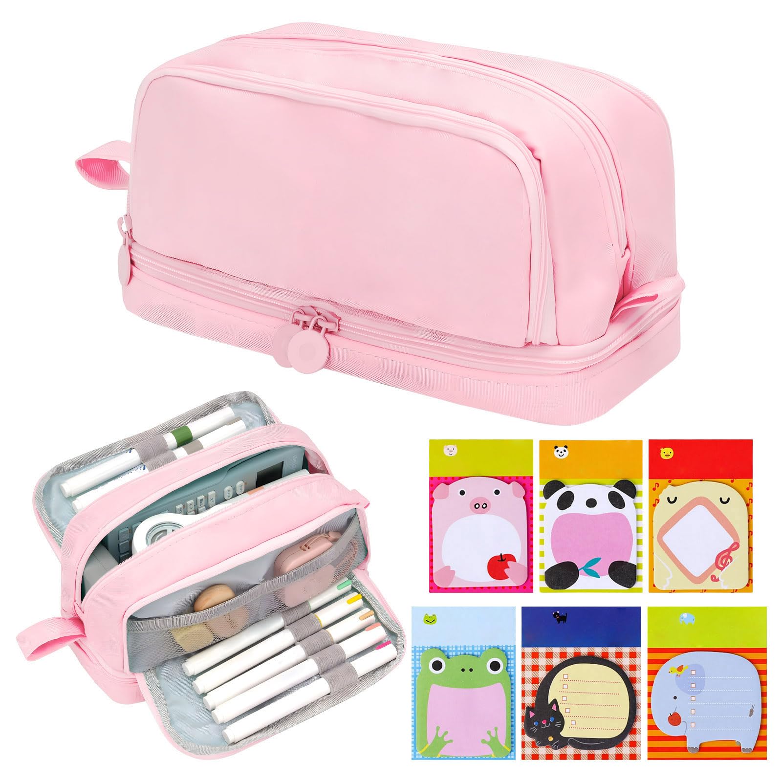 Hittriu Pink Pencil Case Girls Boys & 6Pcs Sticky Note Set, Large Capacity Pencil Pouch with 4 Compartments, Sturdy Zipper Oxford Cloth Pen Case for School Office Back to School