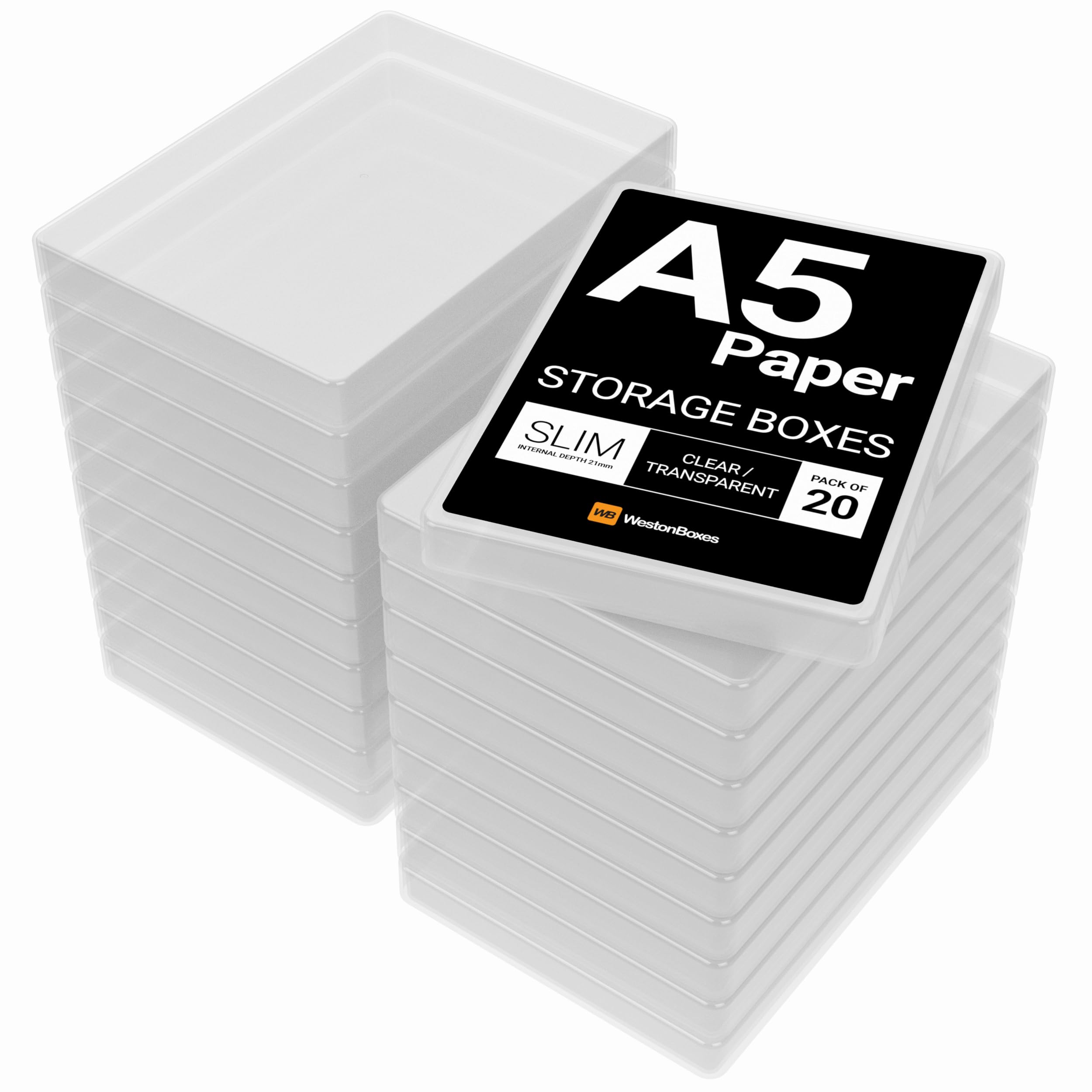 Westonboxes Clear (Transparent) A5 Slim Clear Plastic Storage Box With Lid, Stores 150 Sheets