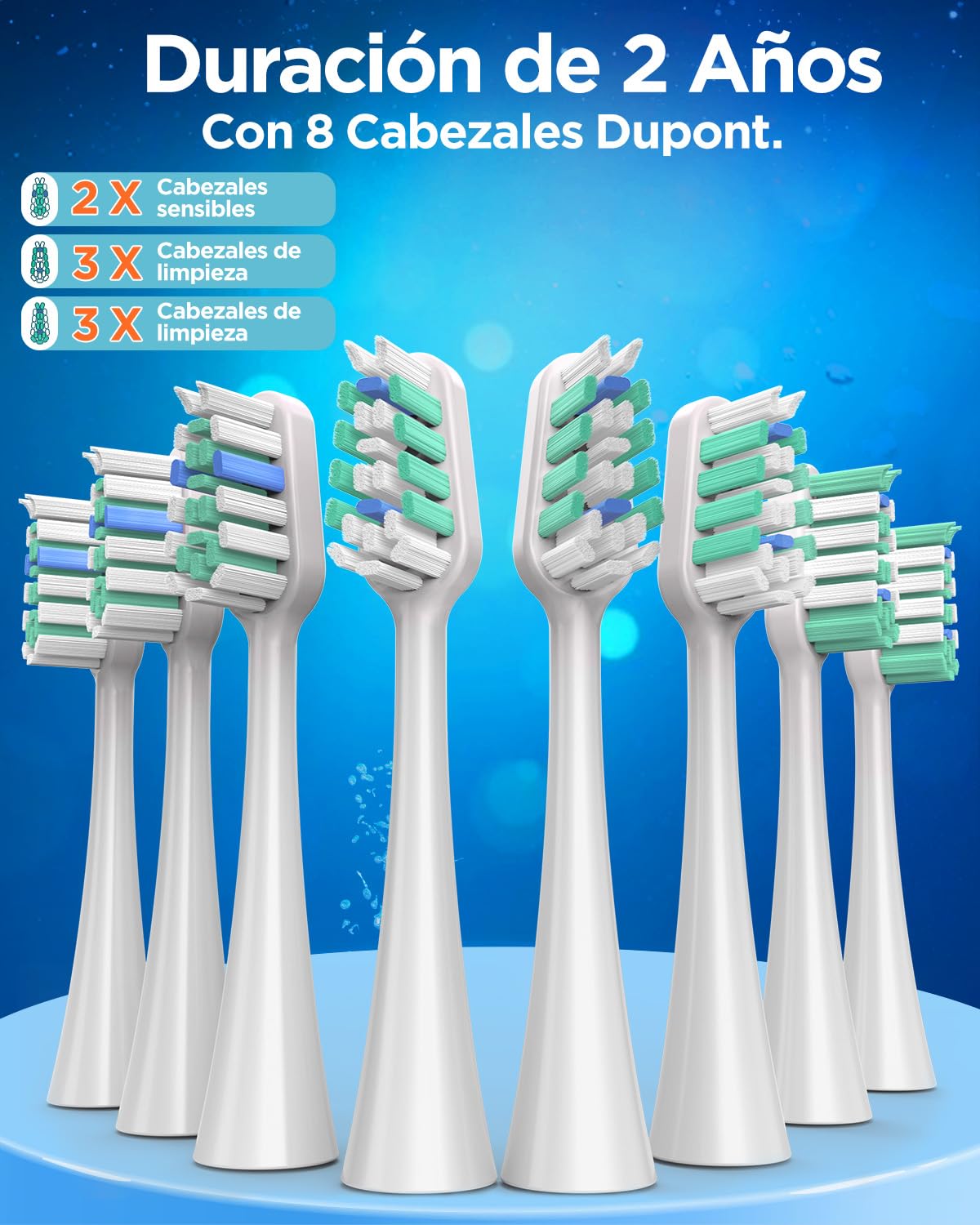 Cepillo de Dientes Eléctrico Sónico Hombres con 8 Cabezales - Cepillo Eléctrico Adultos con 5 Modos, Estuche de Viaje, 3 Meses de Autonomía, Cepillo Dientes Electrico Viaje Recargable, Blanco y Azul