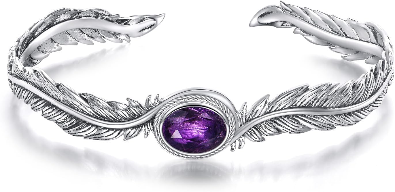 Genuine Amethyst Feather Cuff Bracelet Sterling Silver Adjustable Bohemian Bangle, February Birthstone Gift for Her Purple Crystal Healing Jewelry