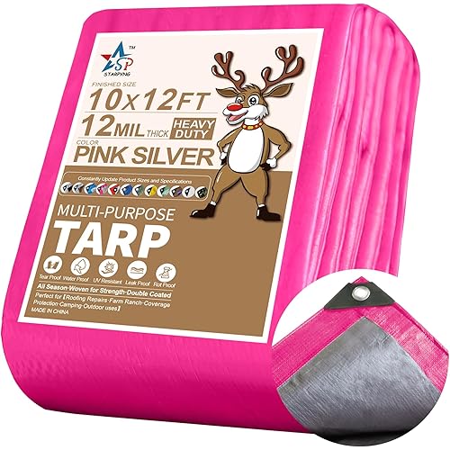 STARPYNG-12 Mil Pink/Silver 10x12 Feet Tarp-Heavy Duty Poly Tarp-Cover,Waterproof, UV Resistant, Weather Resistant, Cover Cars, Boats, Courtyards,Camping