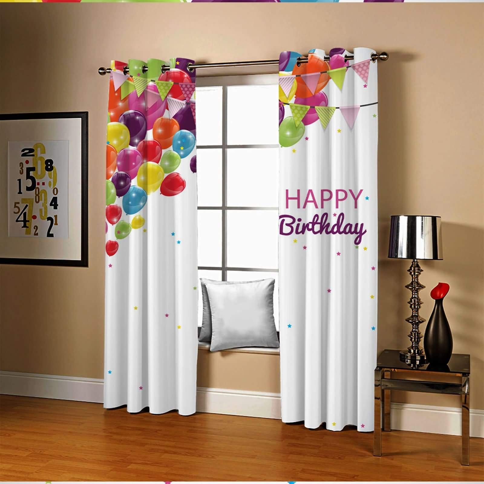 Zasłony zaciemniające do salonu z oczkami, balony Happy Birthday, w gwiazdki, nieprzejrzyste, nowoczesne, 274 x 183 cm