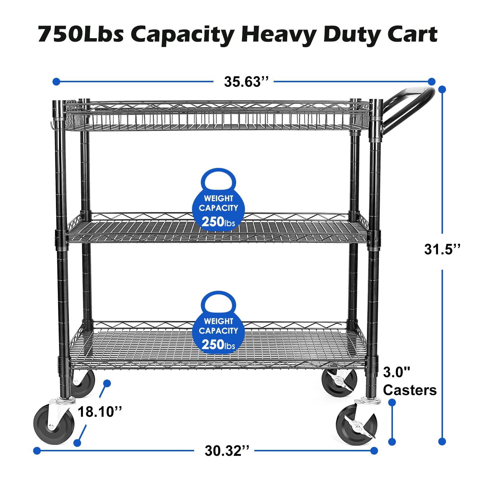 WDT Carrito utilitario resistente de 3 niveles, carrito rodante de alambre con ruedas, carrito de servicio de grado comercial con forros de estantería y barra de mango, carros de metal para accesorios