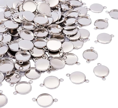 Miniatura 47 de Craftdady 100 conectores colgantes de bandeja de bisel de 0.98 pulgadas (0.984 in), color blanco cameo redondo, cabujón de acero inoxidable, doble