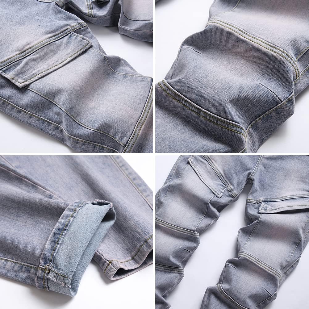 LONGBIDA Men's Slim Fit Stretch Comfort Cargo Biker Jeans with Multi-Pockets