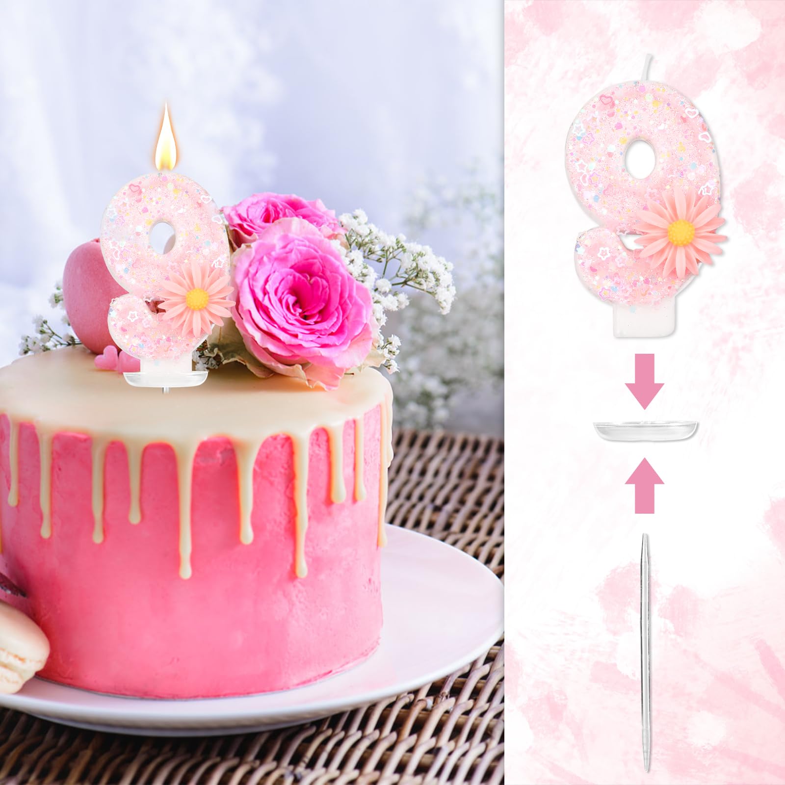 Candela Di Compleanno Con Numero 0 Rosa E Margherita Glitterata Per Torta