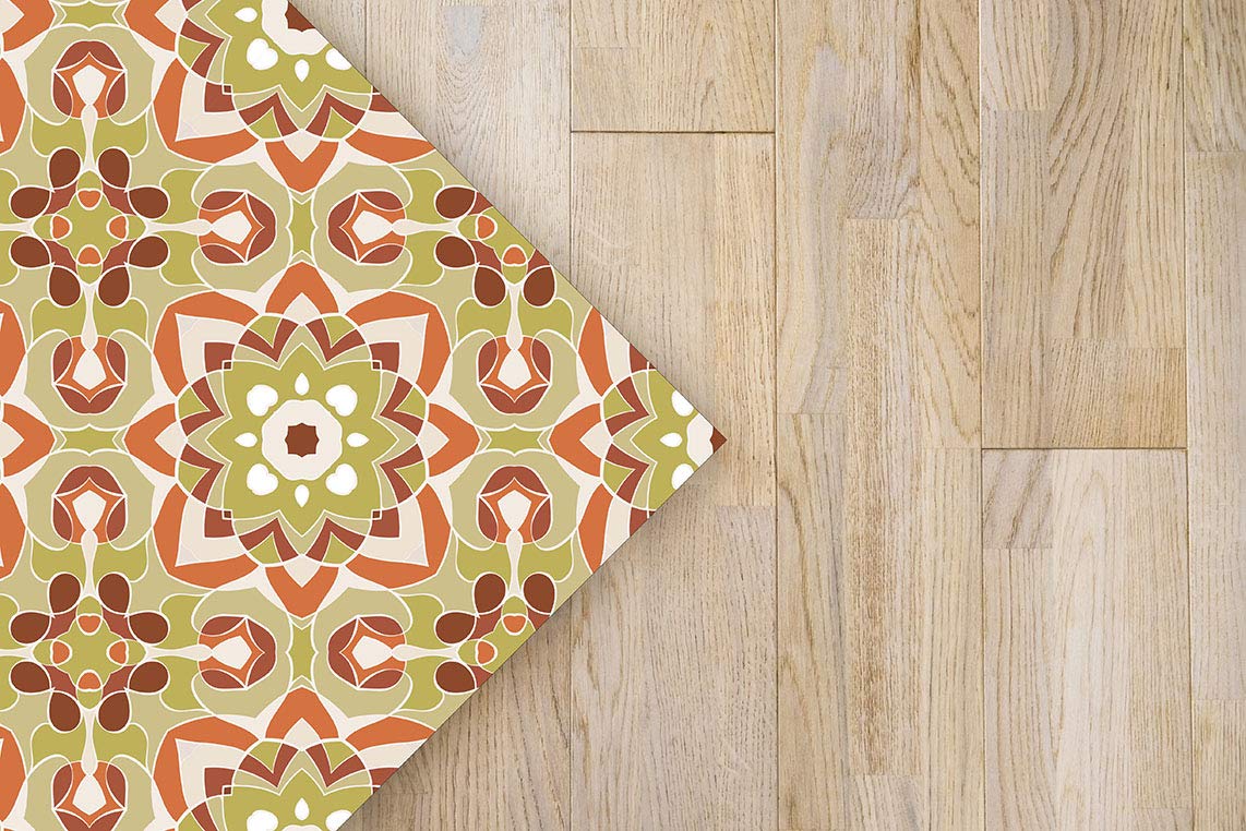 Panorama Tapis Vinyle du Sol Cuisine Salle de Bain - Différentes Tailles - (Tuile Fleurie Orientale Orange 100x140 cm)