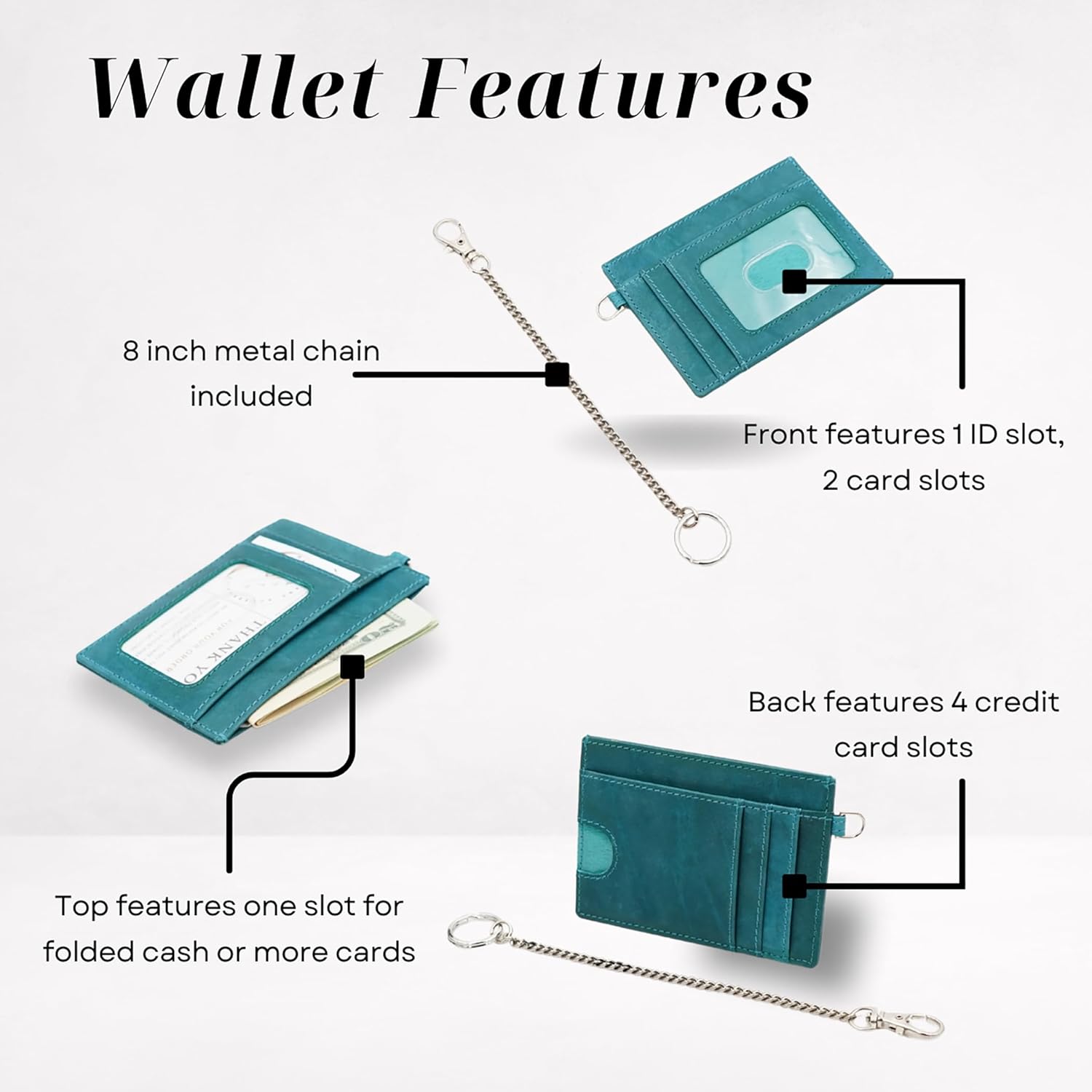 Leather RFID Credit Card Holder for Women, Small Wallet, ID Keychain Wallet, Slim Minimalist Card Organizer with Chain & Key Ring, Compact for Travel, Everyday Carry, or Purse (Teal) - Image 2