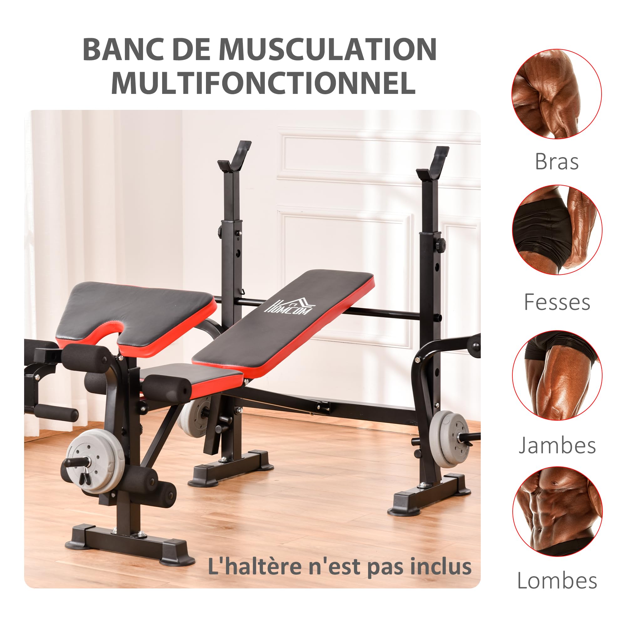 HOMCOM Banc de musculation Fitness entrainement complet avec support d'haltères dossier réglable acier 175 x 139 x 127 cm noir et rouge