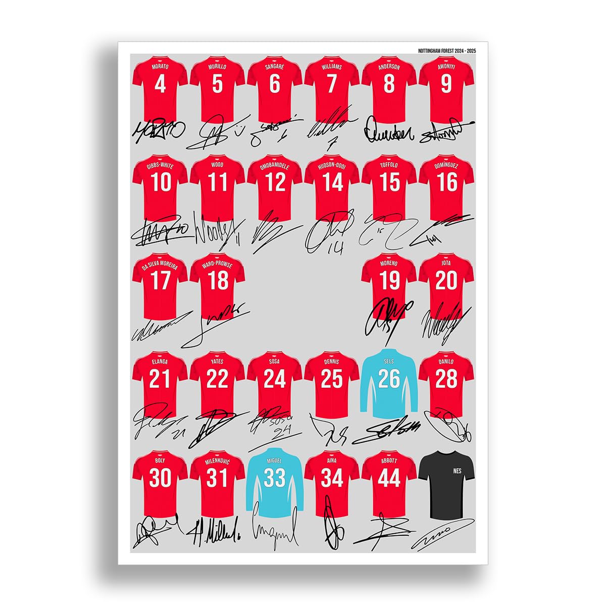 Mounted Gifts Trading Nottingham Forest team squad 2024-2025 Signed poster print framed picture photo autograph gift 24/25 Gibbs-White Yates (A3 poster only)