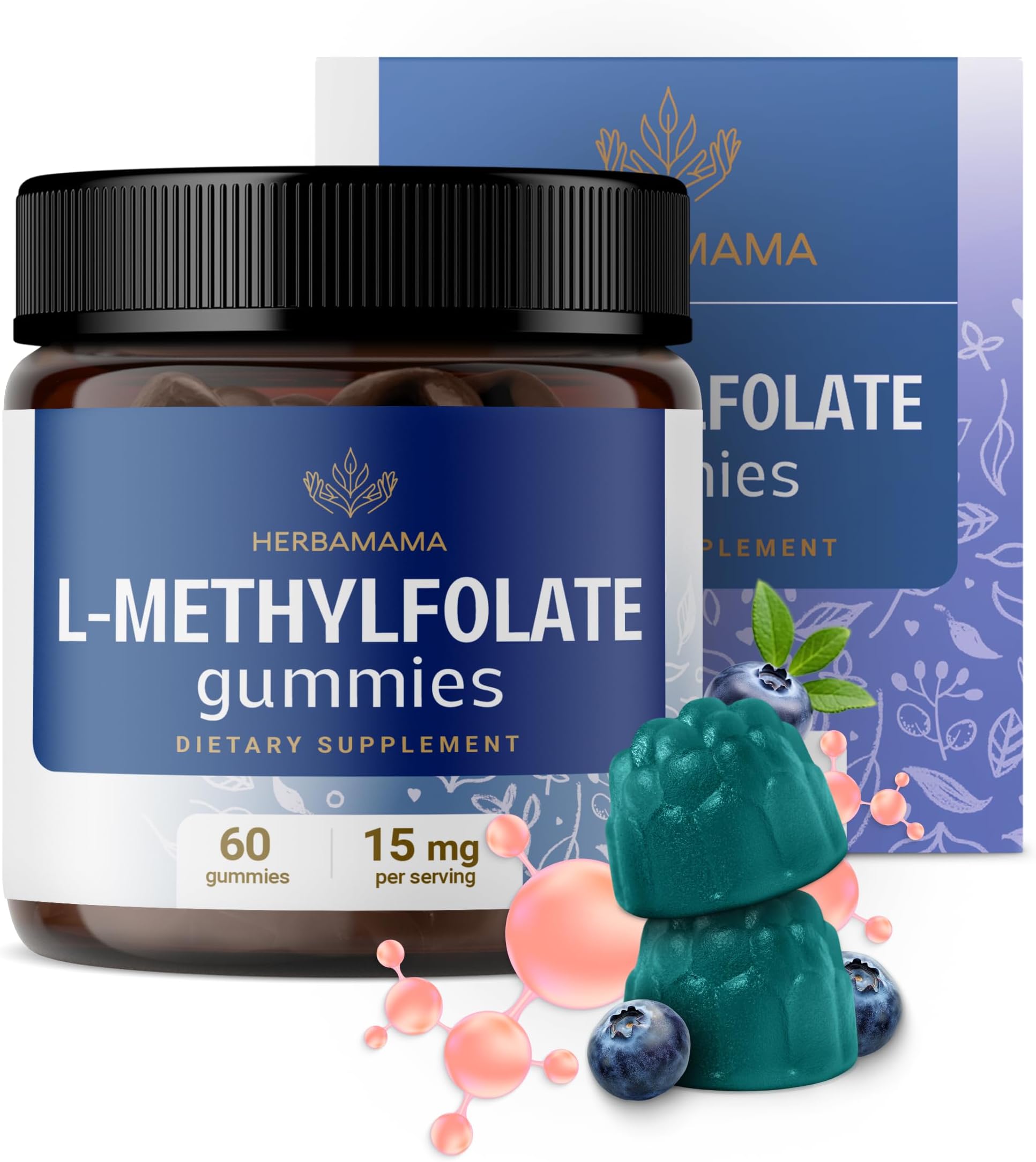 HERBAMAMA L-Methylfolate Gummies - 15mg 5-MTHF Calming Supplement for Adults - Vegan, Non-GMO Methylated Folate (Vitamin B9) for Brain Support - 60 Pectin-Based Blueberry-Flavored Chews