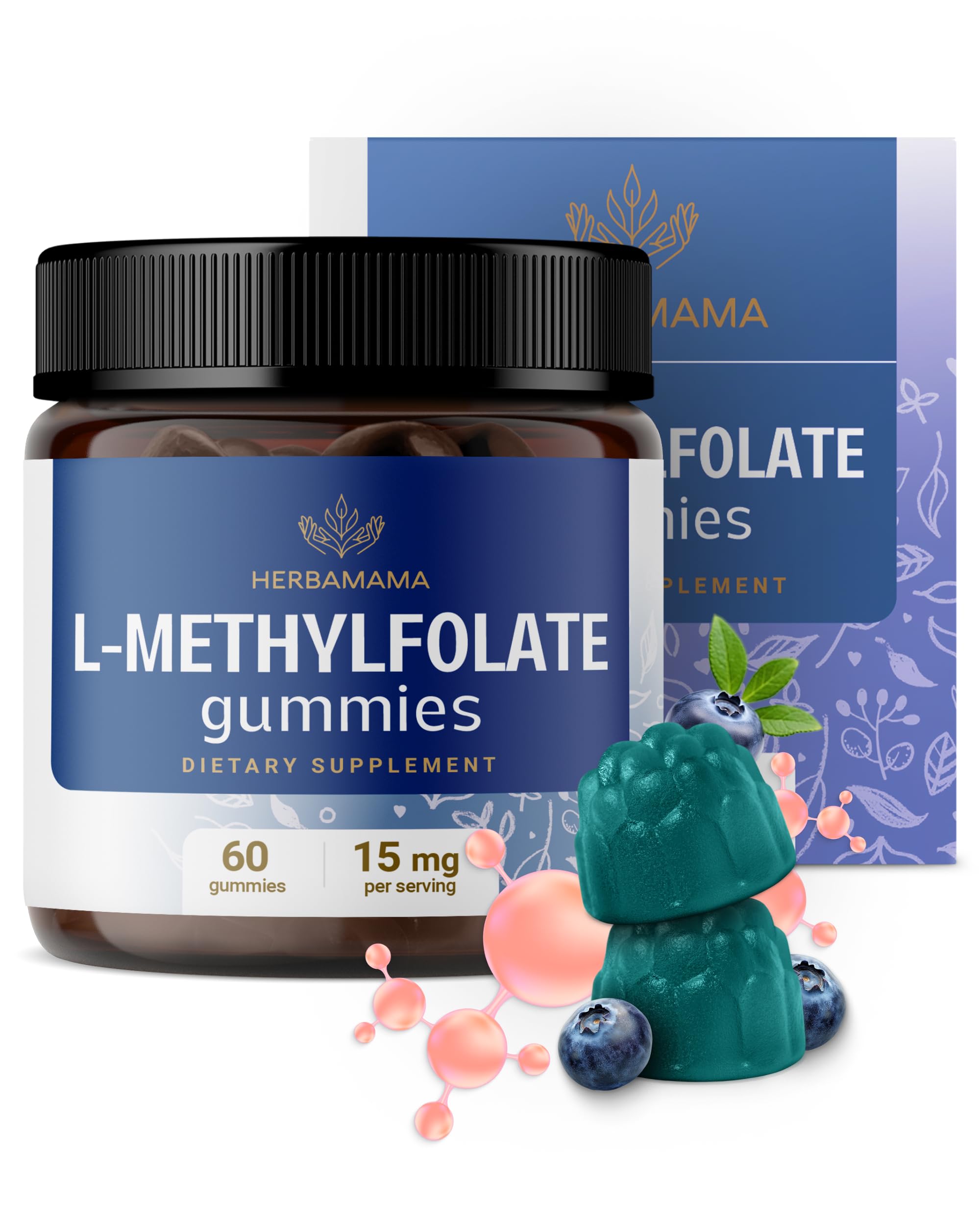 HERBAMAMA L-Methylfolate Gummies - 15mg 5-MTHF Calming Supplement for Adults - Vegan, Non-GMO Methylated Folate (Vitamin B9) for Brain Support - 60 Pectin-Based Blueberry-Flavored Chews