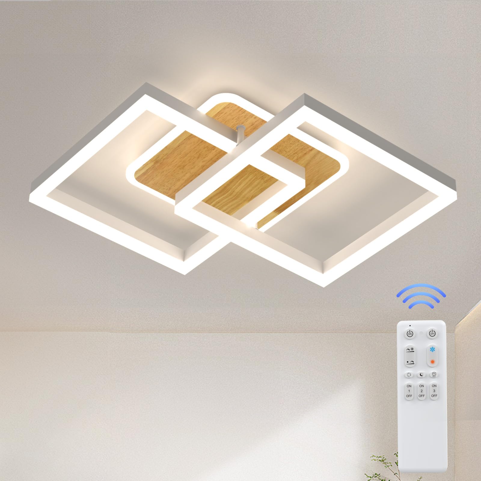 ANTENLICHT plafoniera led soffitto moderna plafoniera salotto Dimmerabile, 40W 3600LM Lampada da Soffitto, Funzione di Memoria, per Soggiorno, Camera da Letto, Sala da Pranzo, Legno-Bianco 65x42x12cm