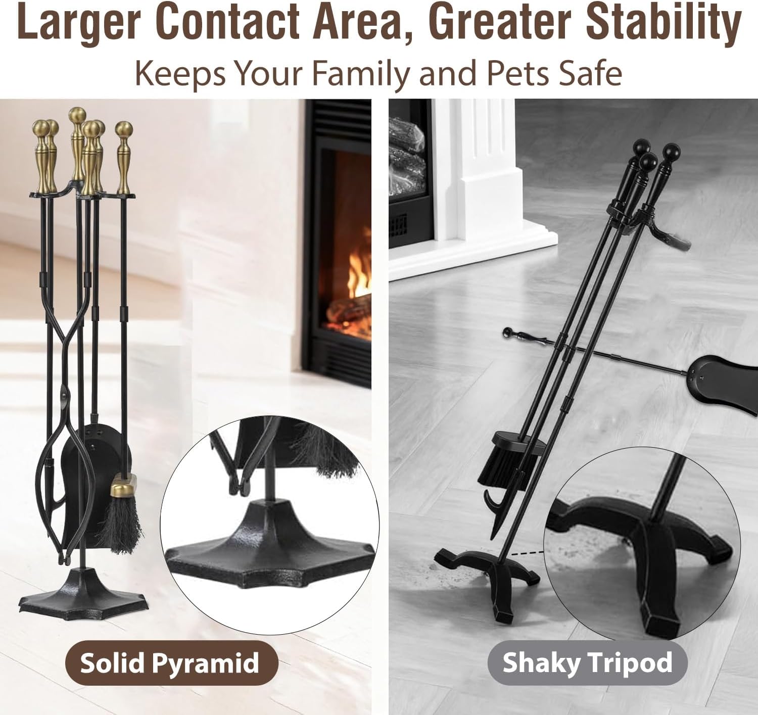 AMAGABELI Garden & Home 5 Pcs Fireplace Tools Brass Handles Wrought Iron Set Holder Indoor Outdoor Fireset Fire Pit Stand Rustic Tongs Shovel Brush Chimney Poker Wood Stove Hearth Accessories Kit