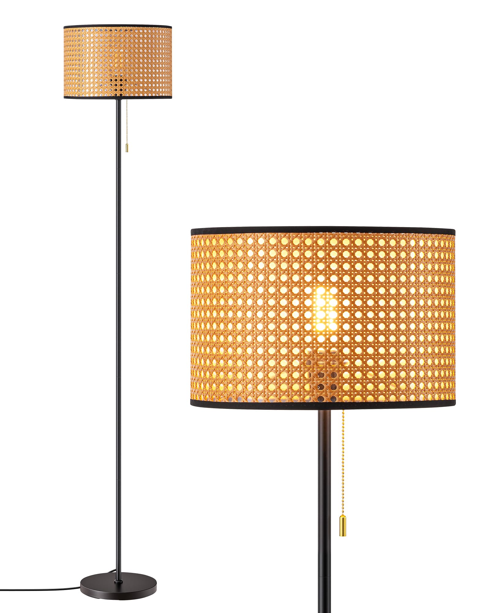 EDISHINE Lampada da Terra Boho Soggiorno, Paralume in Rattan, Nero | Lampada da Terra Angolare Moderna, Interruttore a Catenella, E27, LED Inclusa, Bianco Caldo 2700 K, Camera, Corridoio, 160 cm