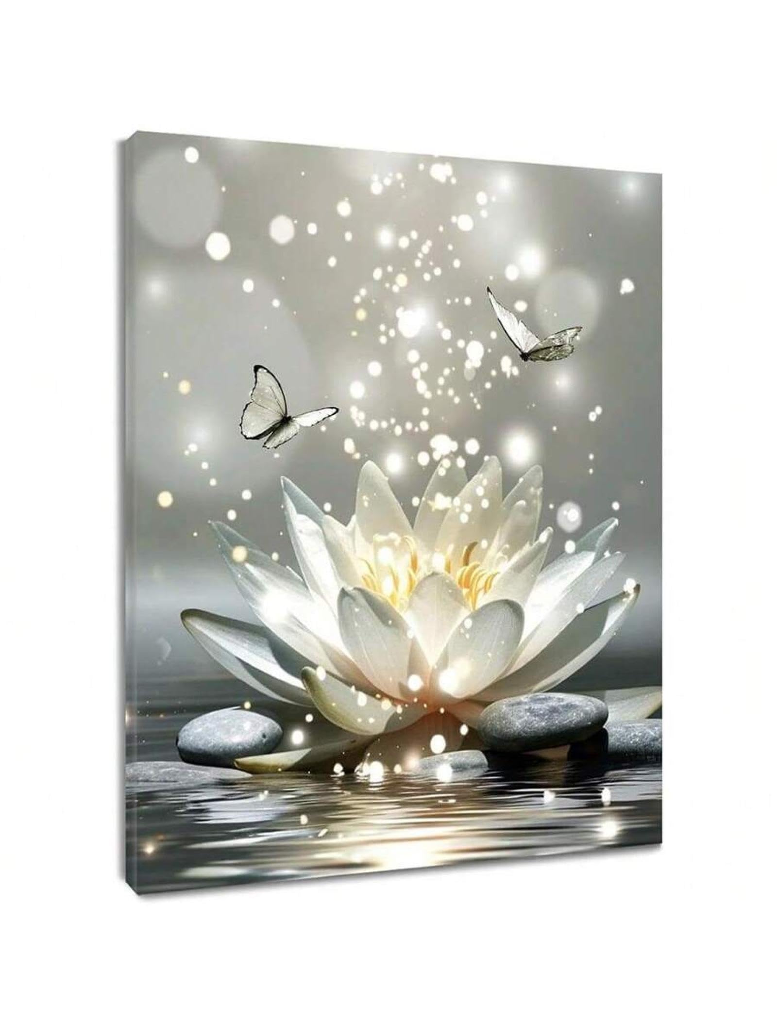 lianyibo 1pc Zen Stone Wall Art Bathroom Beige Flower And Butterfly On Lake Pictures Wall Canvas Wall Art Living Room Decor 30x40cm framework