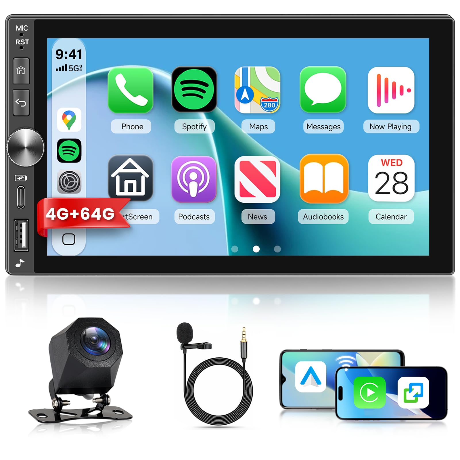Hodozzy 4G+64GB Autoradio Android 2 Din avec Carplay Android Auto sans Fil, écran Tactile 7 Pouces, Poste Radio Voiture Double Din avec GPS, Bluetooth DSP, WiFi, FM RDS, Type-C/USB, Caméra de Recul