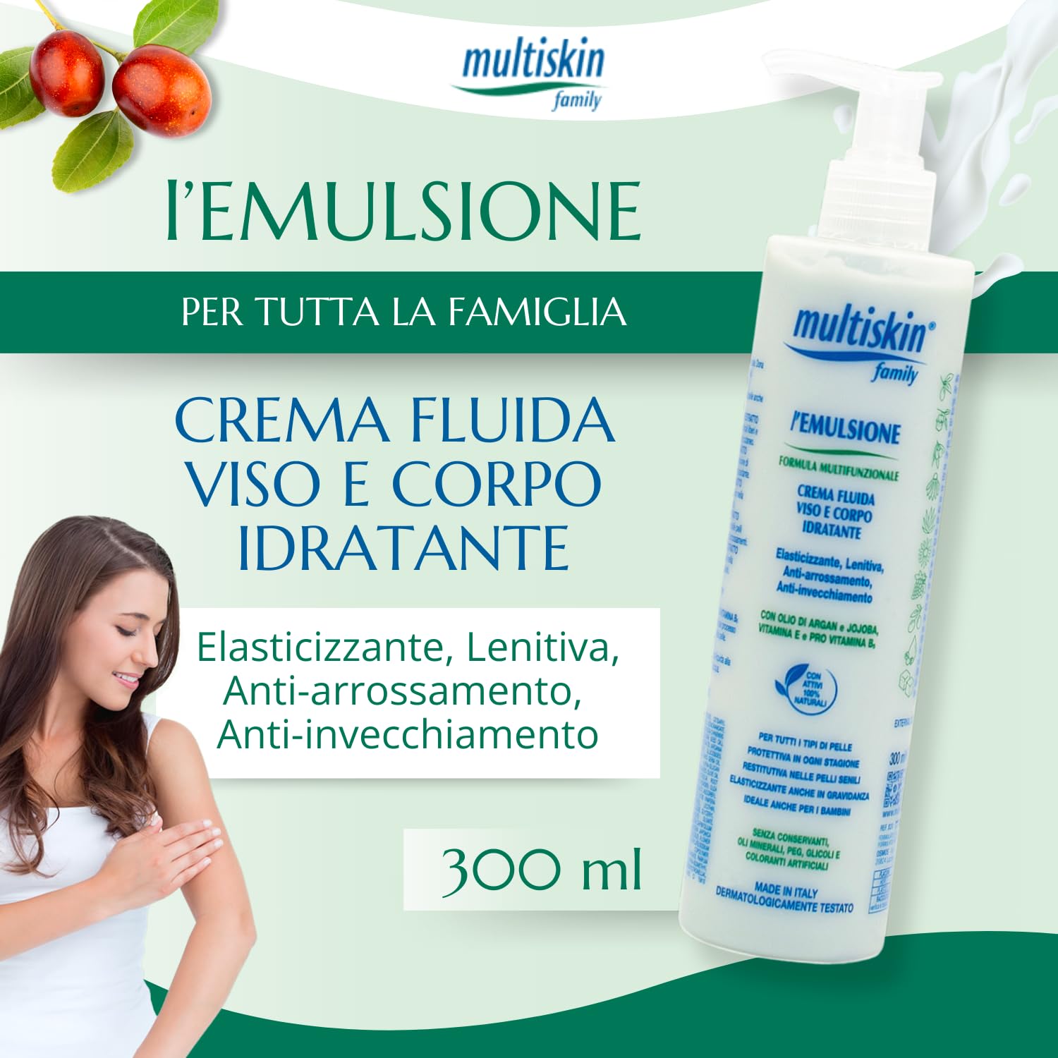 Emulsione Multifunzionale Viso e Corpo Crema Fluida Idratante Protettiva Lenitiva Olio di Argan e Jojoba 300 ml