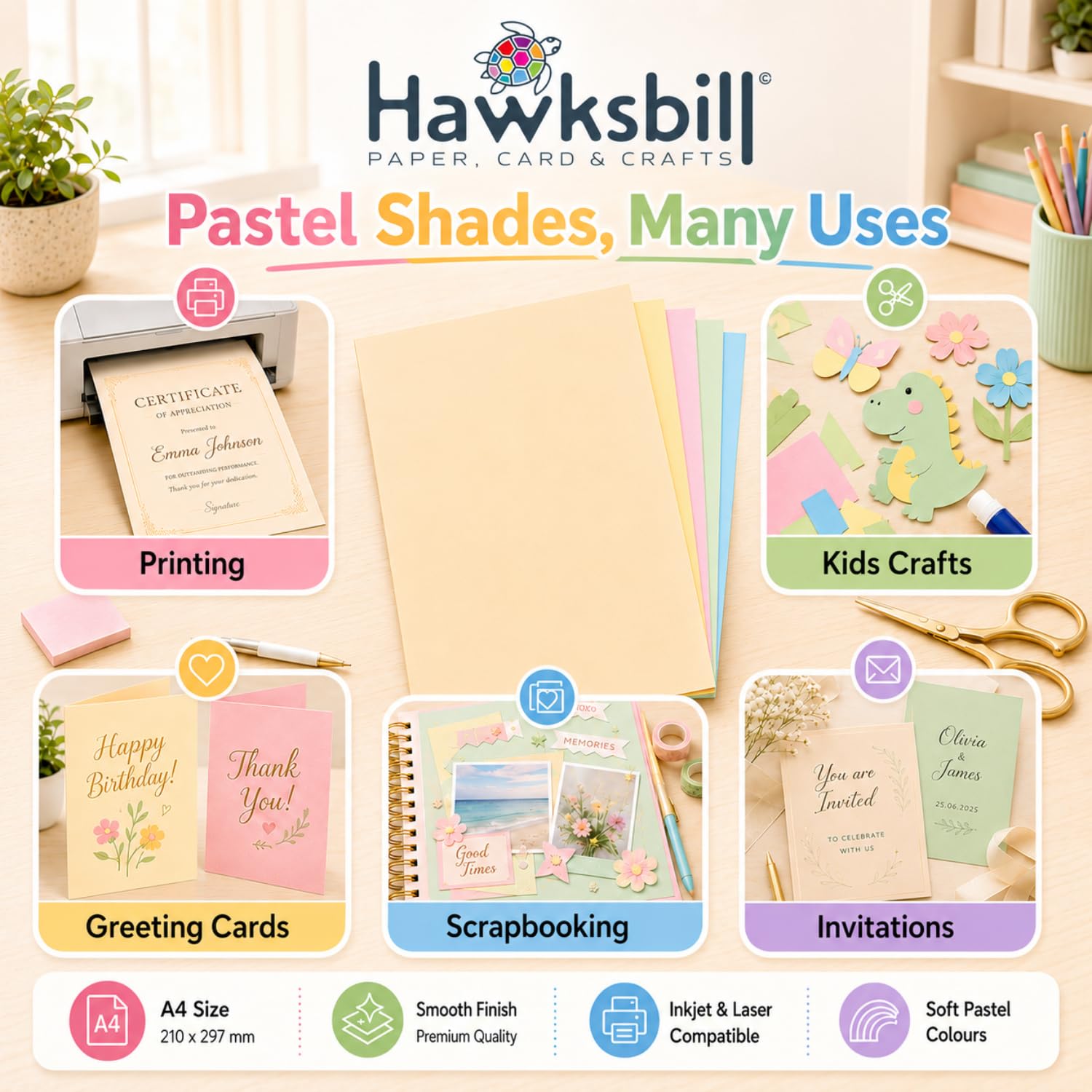 Hawksbill 225 g/m² Pastellkarton, A4, hochwertiger heller Pastellkarton, 250 Stück