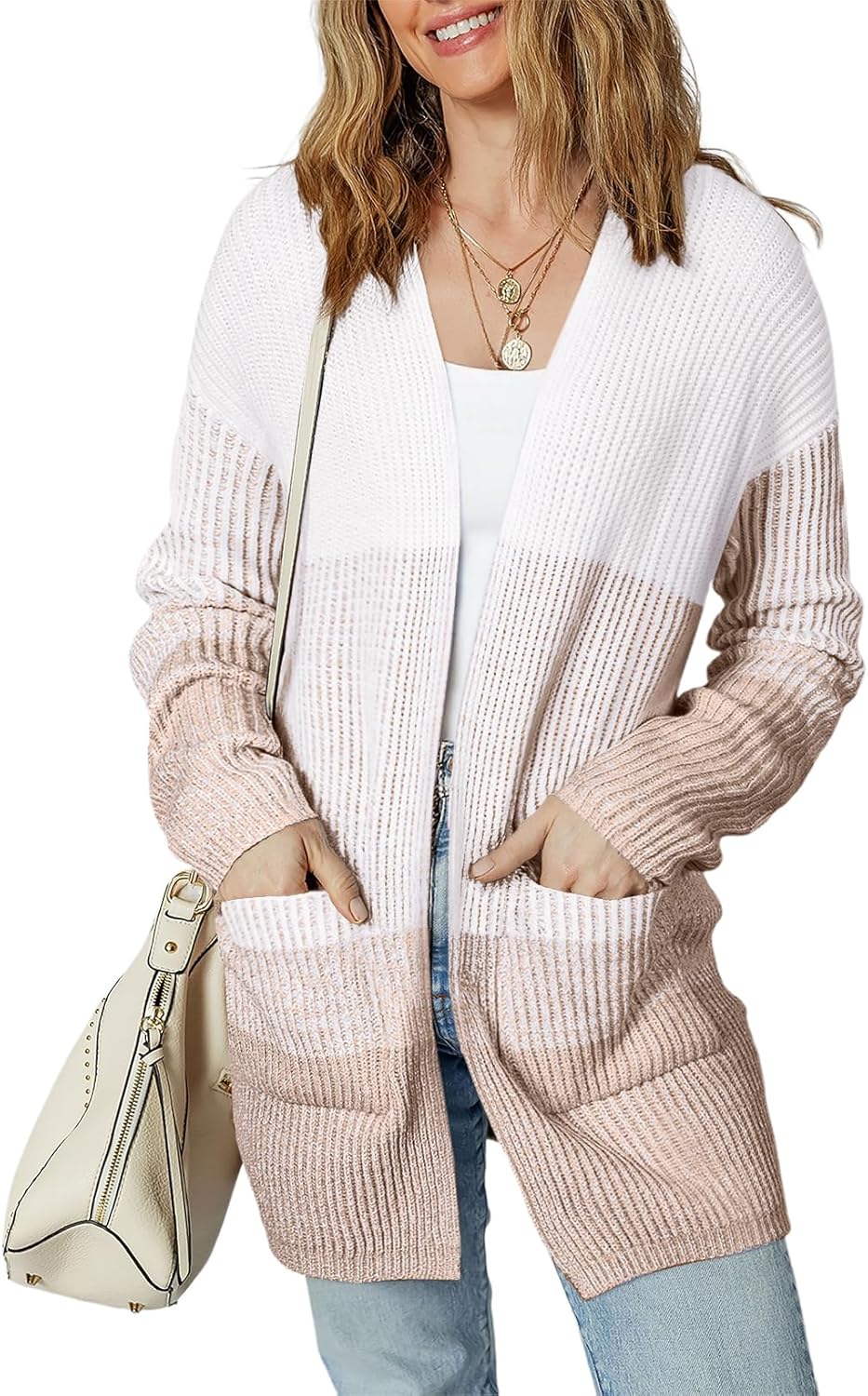 Sidefeel Womens Cardigan Sweaters Open Front Long Sleeve Ribbed Color Block Knit Fall Sweaters