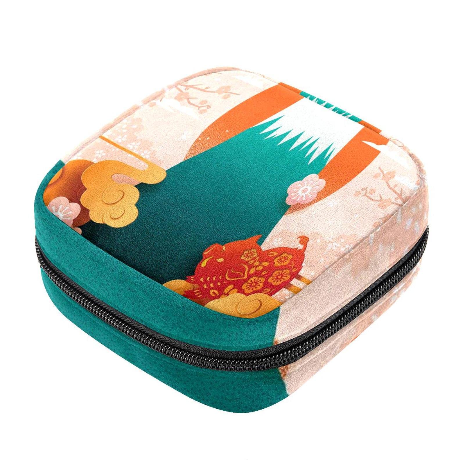 Sanitary Napkin Storage Bag, Portable Sanitary Napkin Storage Pouch Reusable Menstrual Cup Pouch with Zipper Feminine Products Bag for Girls, Women, Ladies, Volcano Blossoms Retro Japanese