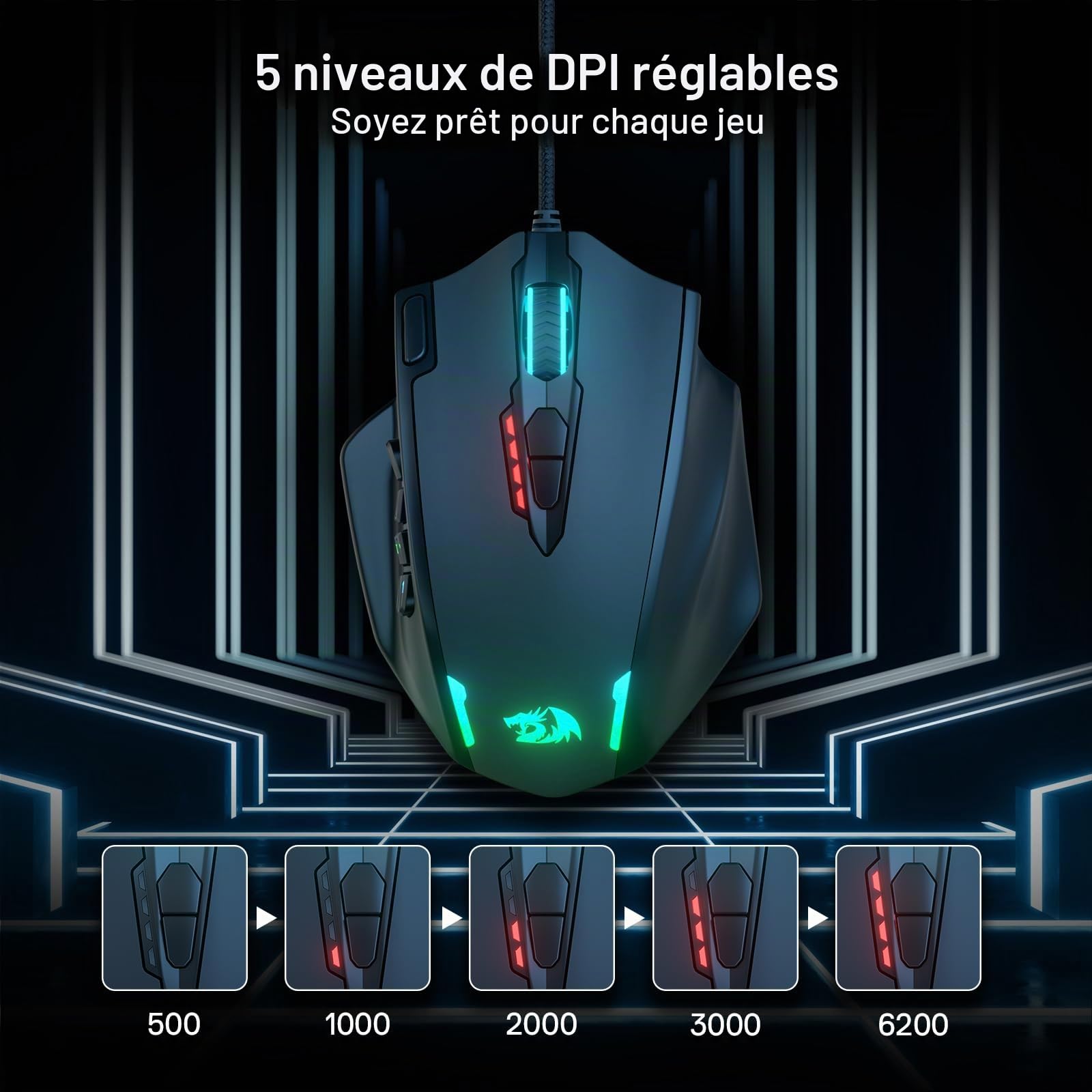 Redragon M908 Impact RGB LED MMO Souris de jeu 12 boutons latéraux, souris optique filaire ergonomique 12 400 DPI, haute précision, 18 raccourcis macro programmables